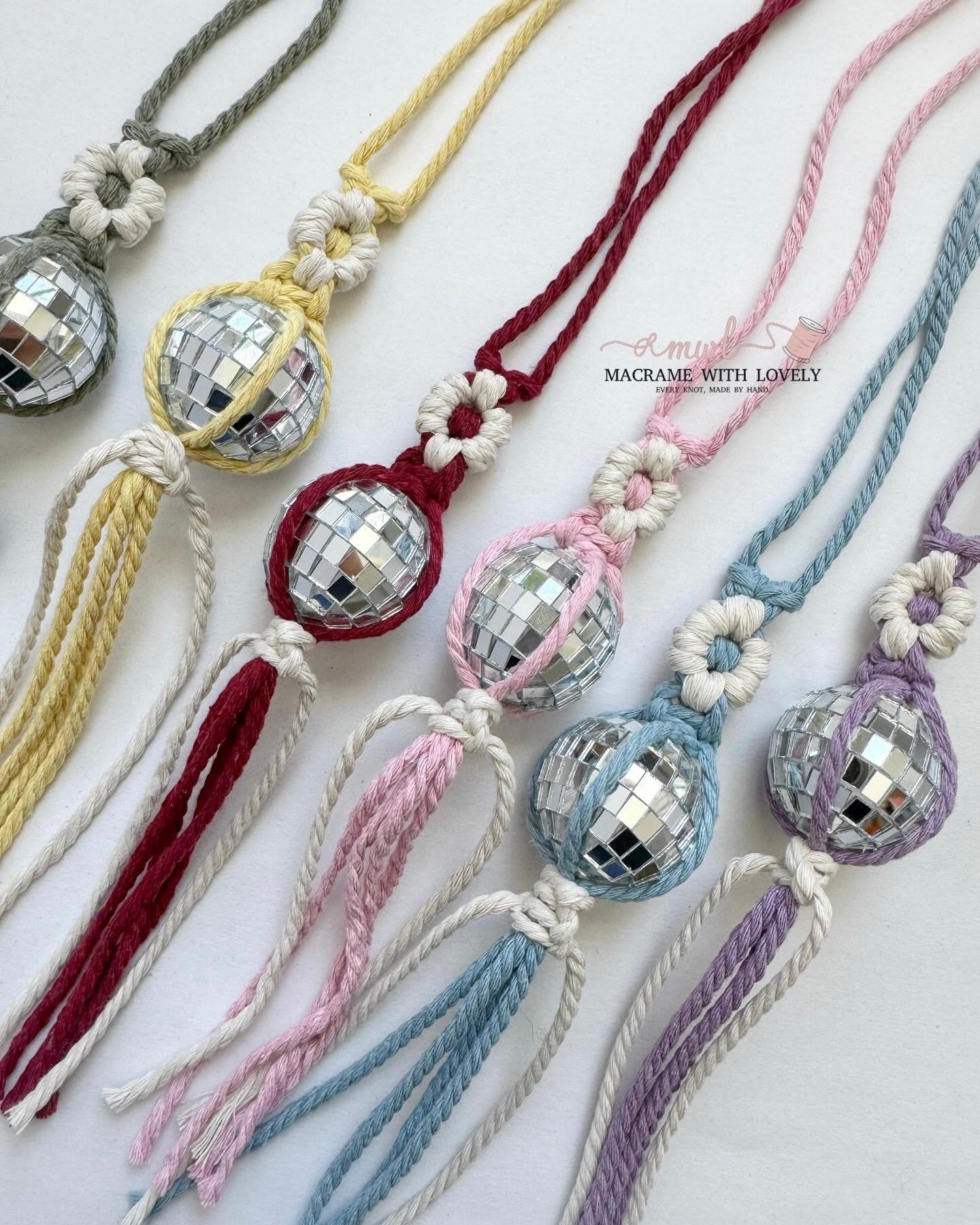 Macrame Daisy Disco Ball Car Charm